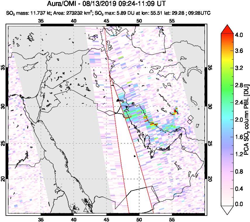 A sulfur dioxide image over Middle East on Aug 13, 2019.