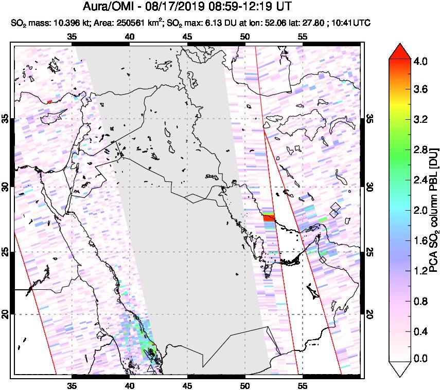 A sulfur dioxide image over Middle East on Aug 17, 2019.