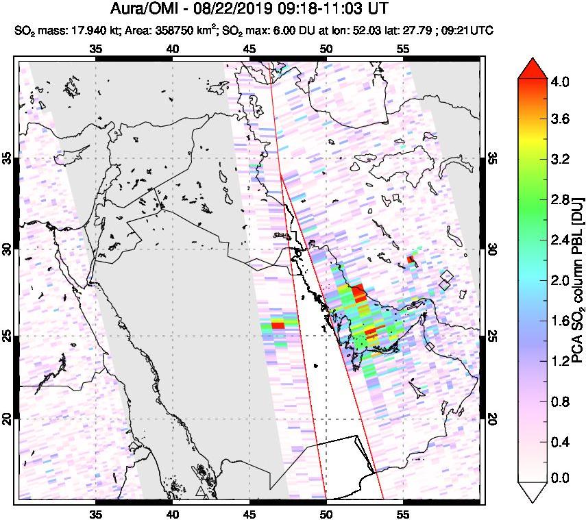 A sulfur dioxide image over Middle East on Aug 22, 2019.