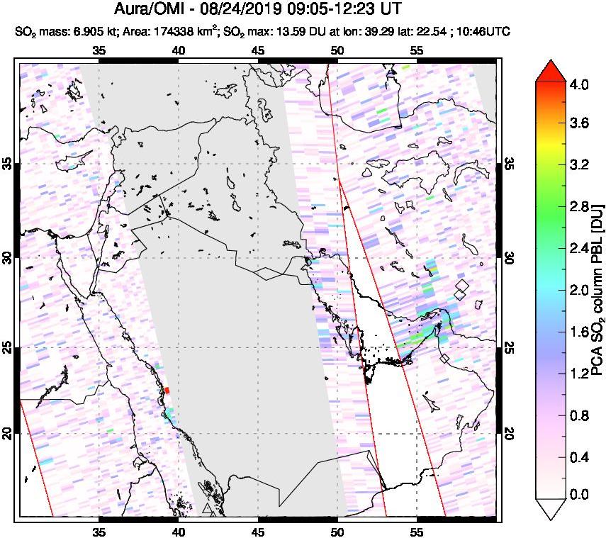 A sulfur dioxide image over Middle East on Aug 24, 2019.