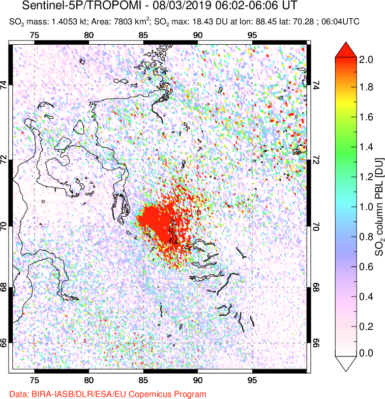 A sulfur dioxide image over Norilsk, Russian Federation on Aug 03, 2019.