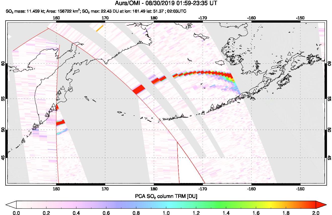 A sulfur dioxide image over North Pacific on Aug 30, 2019.