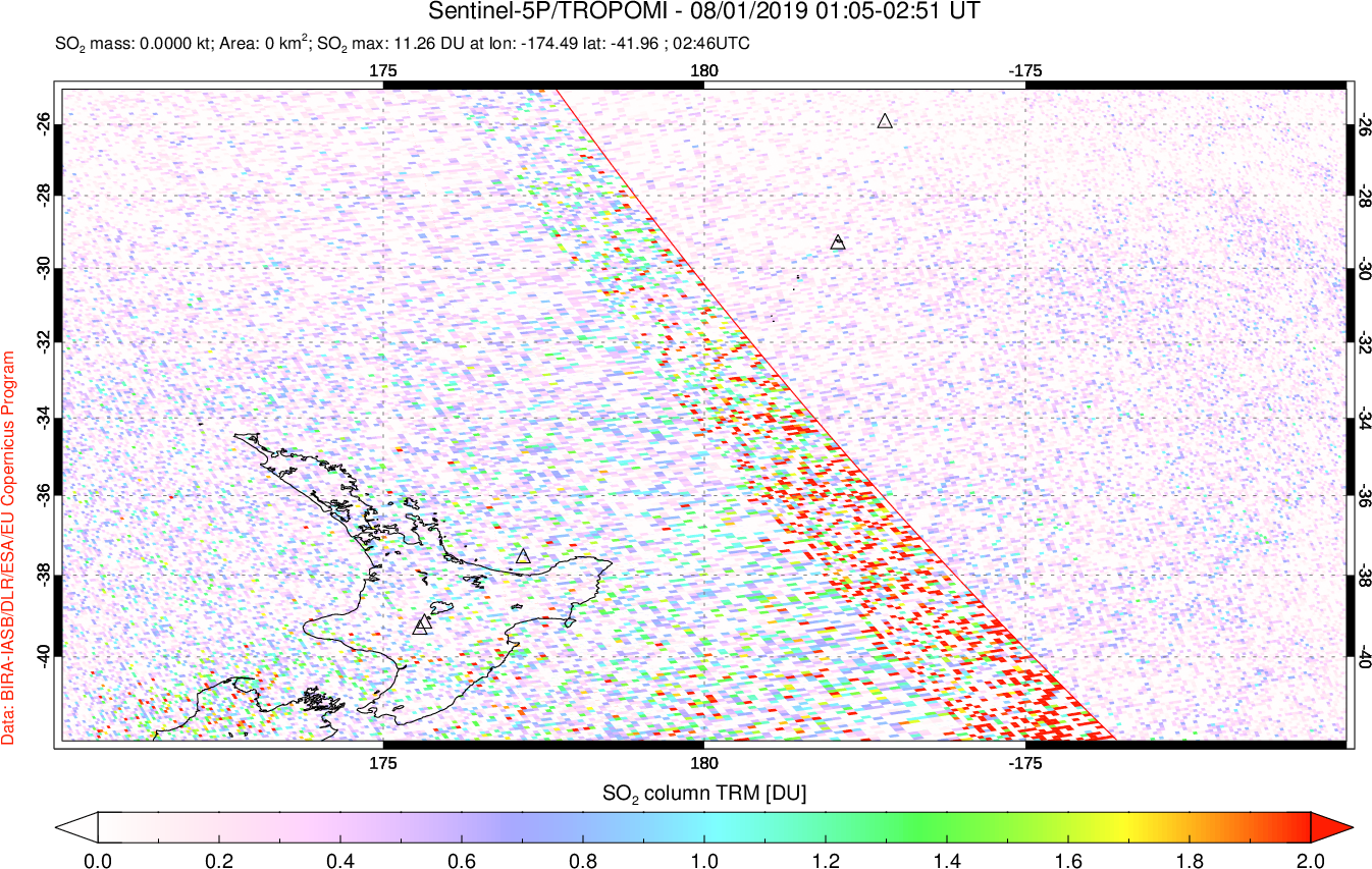 A sulfur dioxide image over New Zealand on Aug 01, 2019.