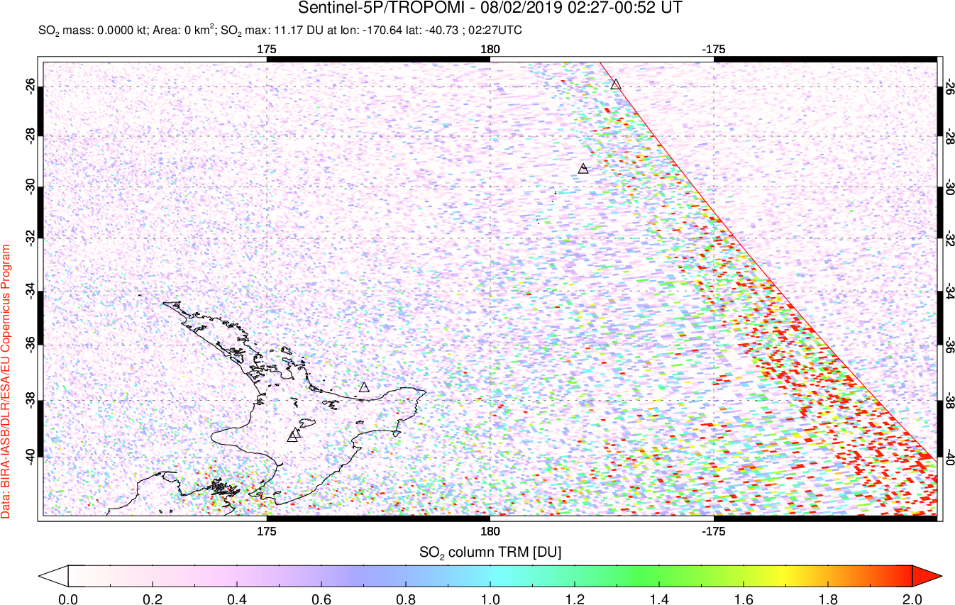 A sulfur dioxide image over New Zealand on Aug 02, 2019.