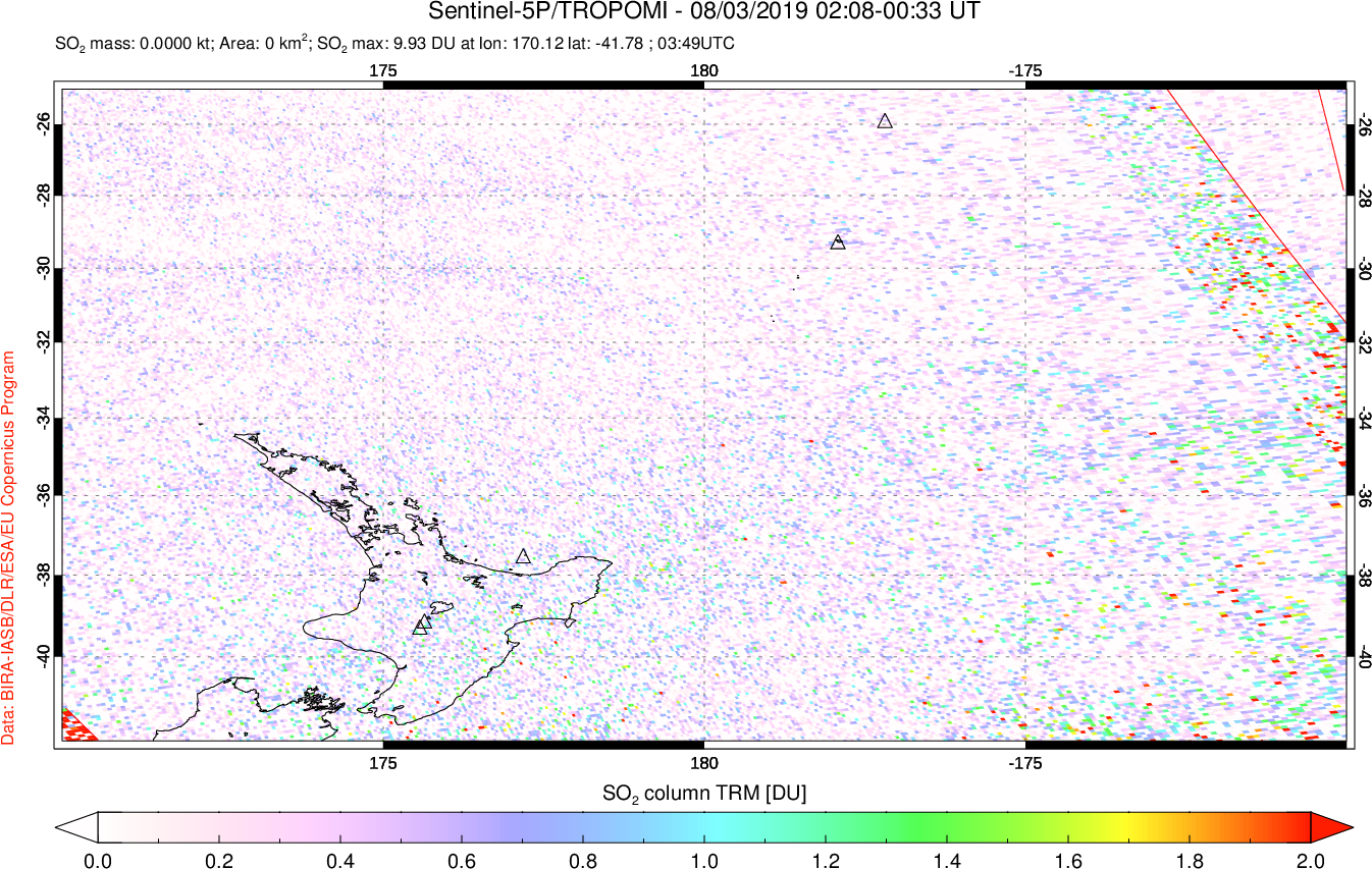A sulfur dioxide image over New Zealand on Aug 03, 2019.