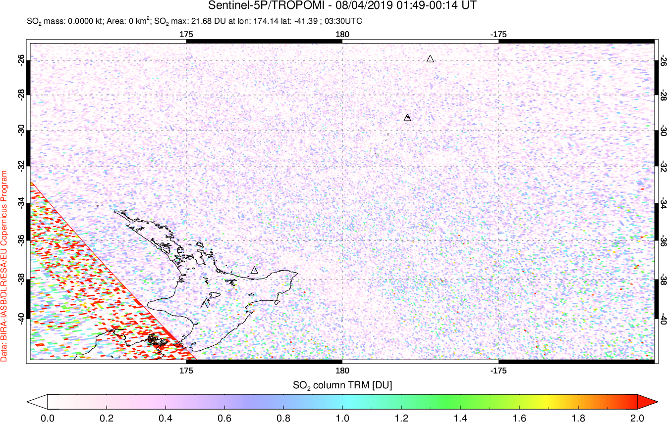 A sulfur dioxide image over New Zealand on Aug 04, 2019.