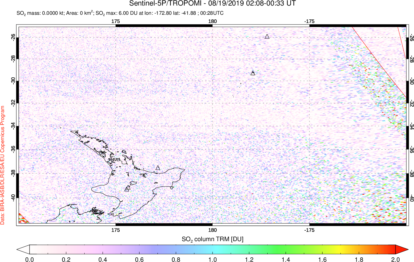 A sulfur dioxide image over New Zealand on Aug 19, 2019.