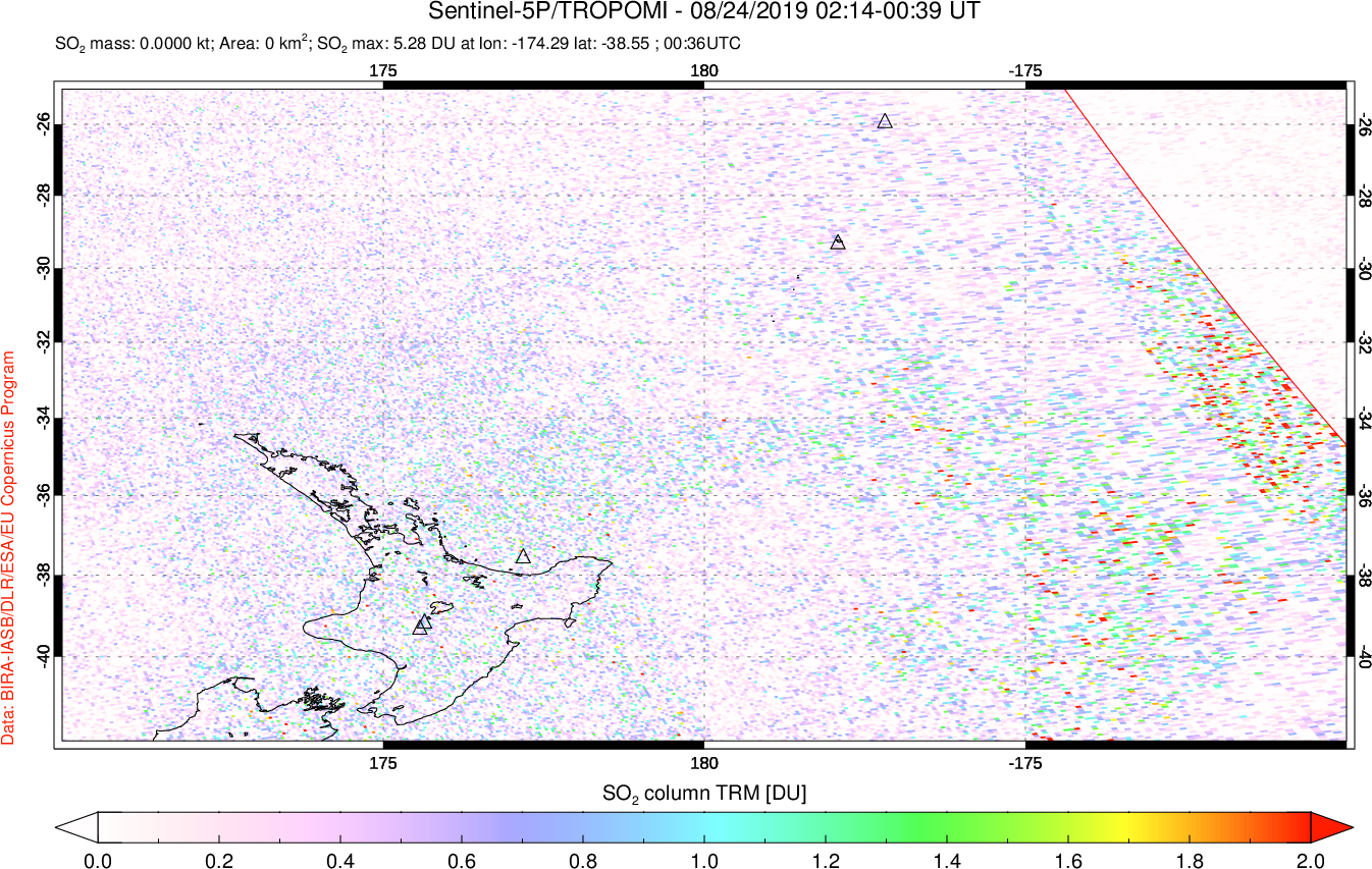 A sulfur dioxide image over New Zealand on Aug 24, 2019.