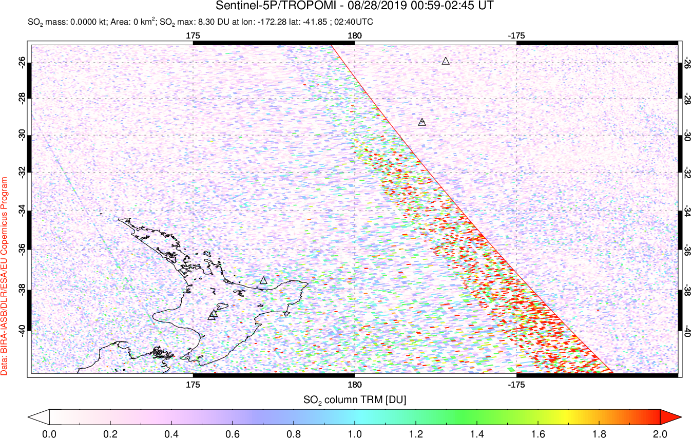 A sulfur dioxide image over New Zealand on Aug 28, 2019.