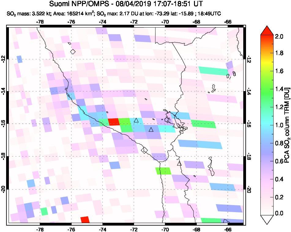 A sulfur dioxide image over Peru on Aug 04, 2019.