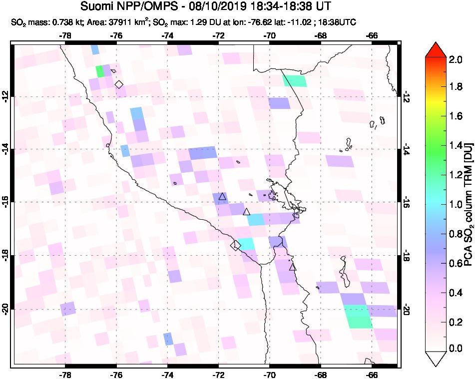 A sulfur dioxide image over Peru on Aug 10, 2019.