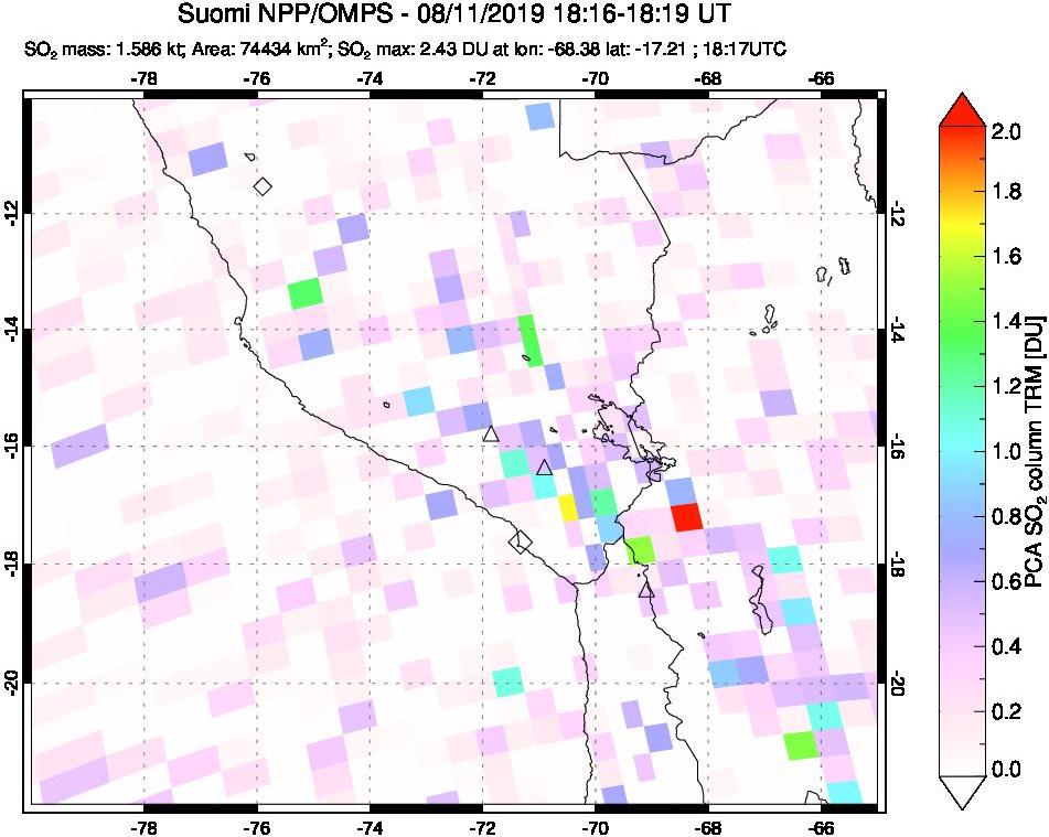 A sulfur dioxide image over Peru on Aug 11, 2019.