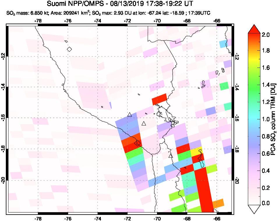 A sulfur dioxide image over Peru on Aug 13, 2019.