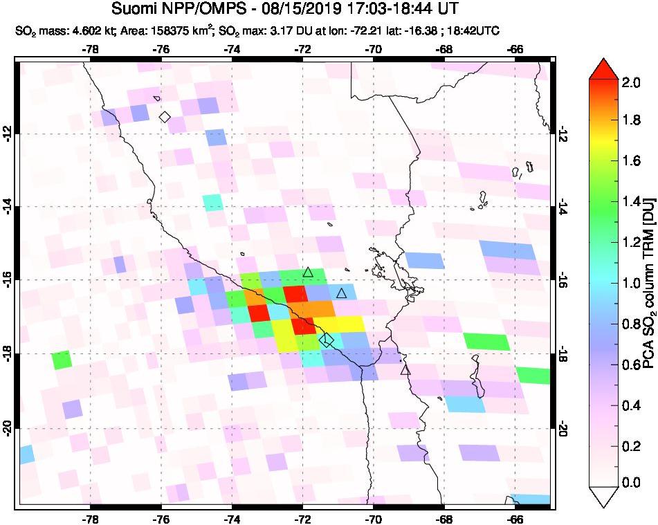 A sulfur dioxide image over Peru on Aug 15, 2019.