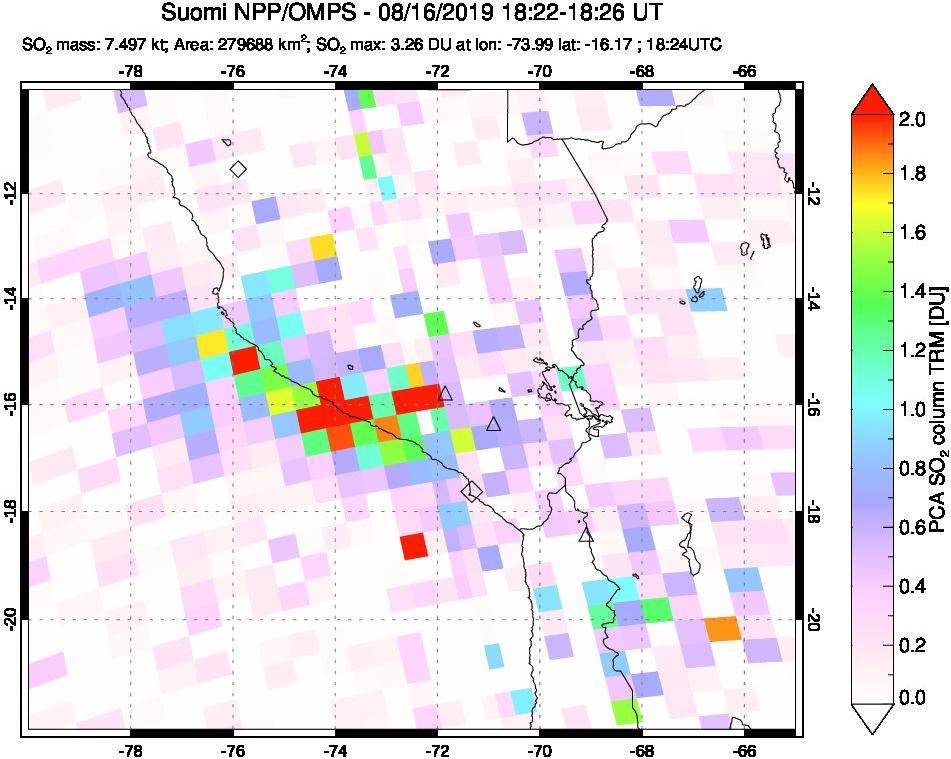 A sulfur dioxide image over Peru on Aug 16, 2019.