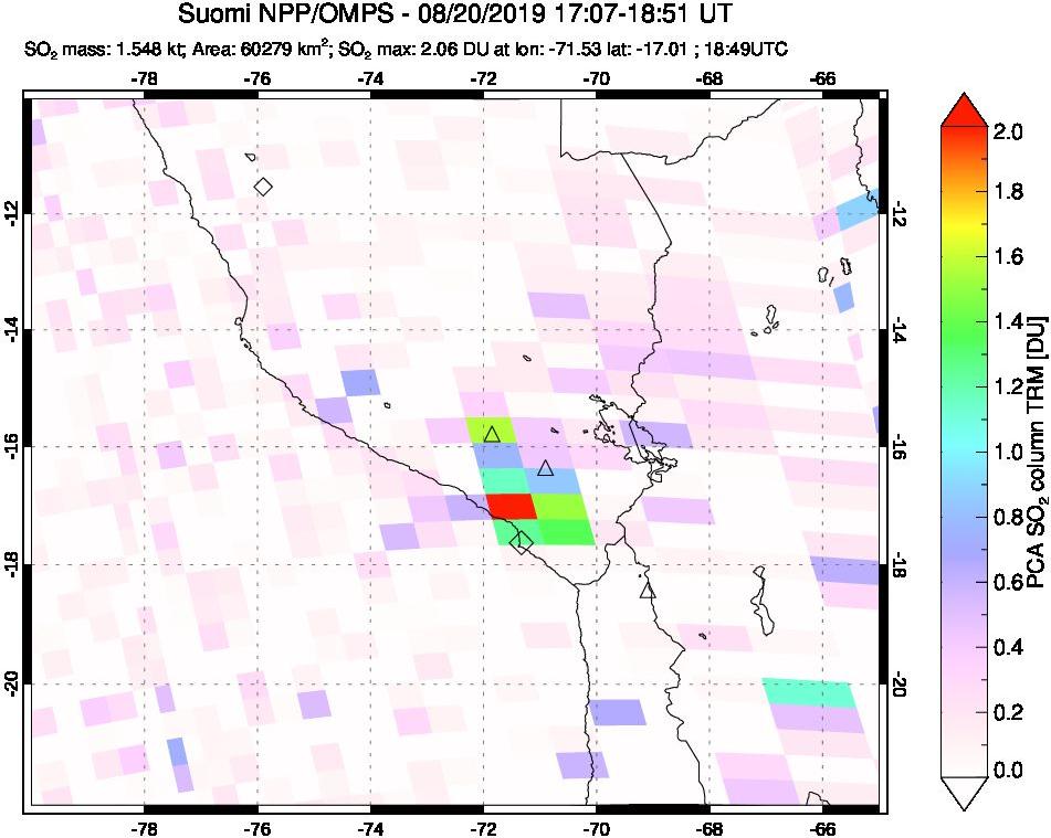 A sulfur dioxide image over Peru on Aug 20, 2019.