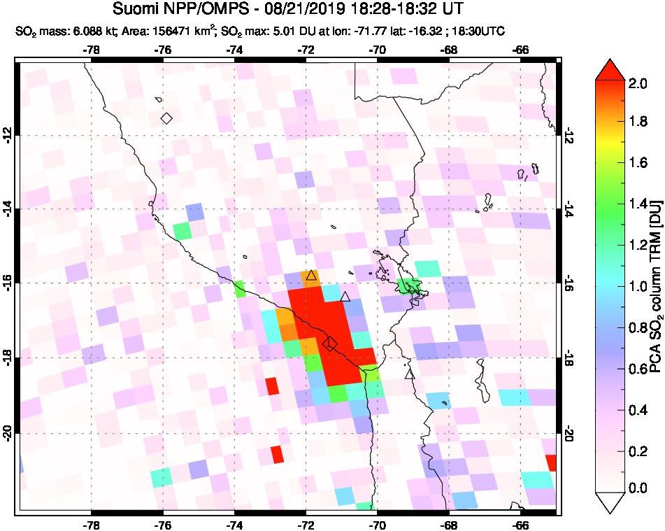 A sulfur dioxide image over Peru on Aug 21, 2019.