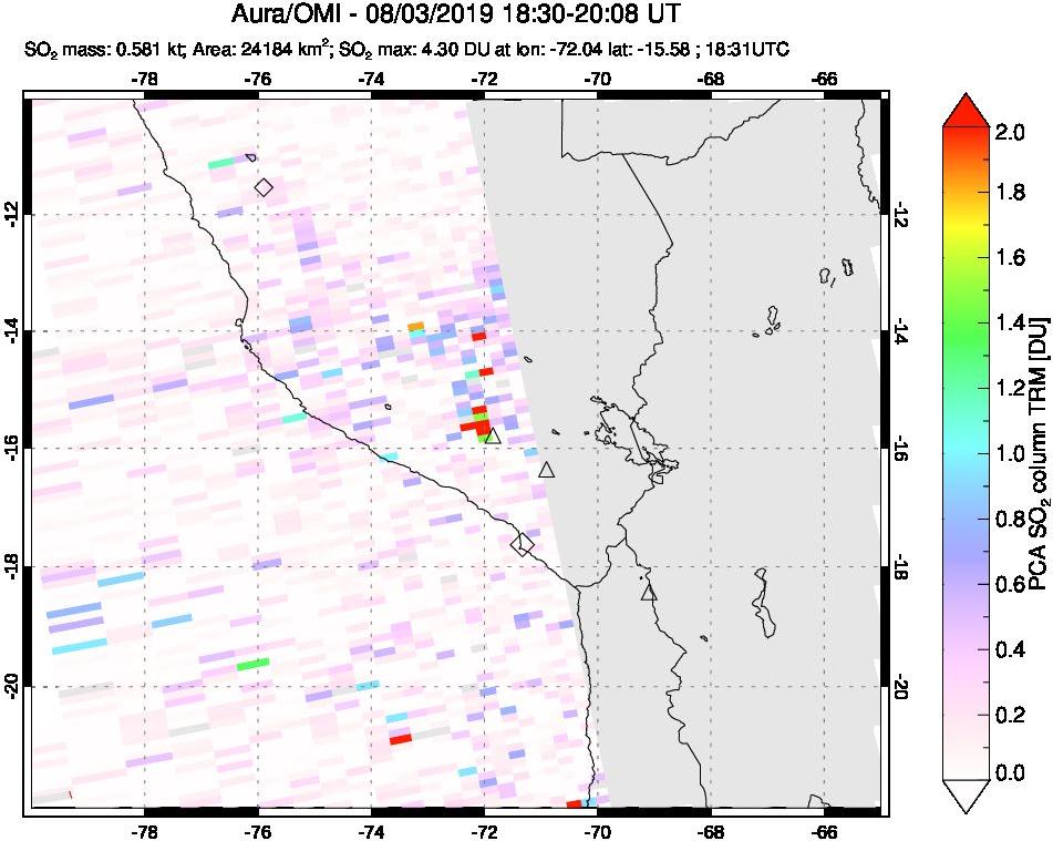 A sulfur dioxide image over Peru on Aug 03, 2019.