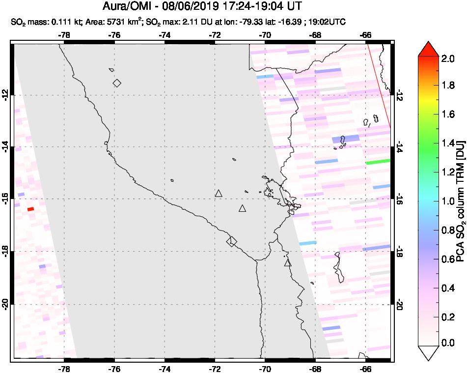 A sulfur dioxide image over Peru on Aug 06, 2019.