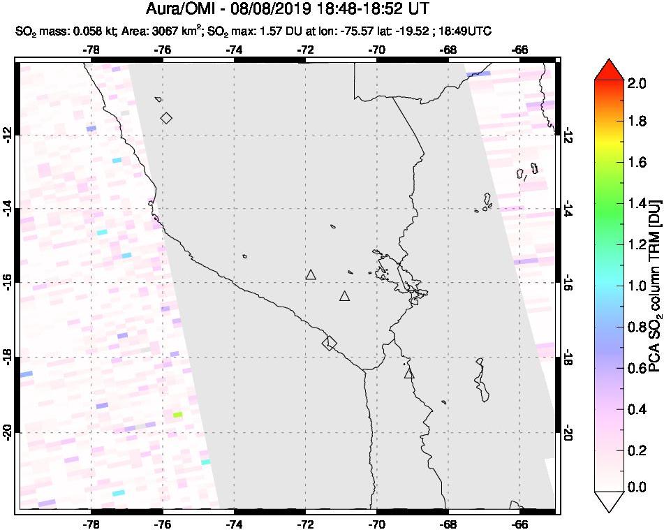 A sulfur dioxide image over Peru on Aug 08, 2019.