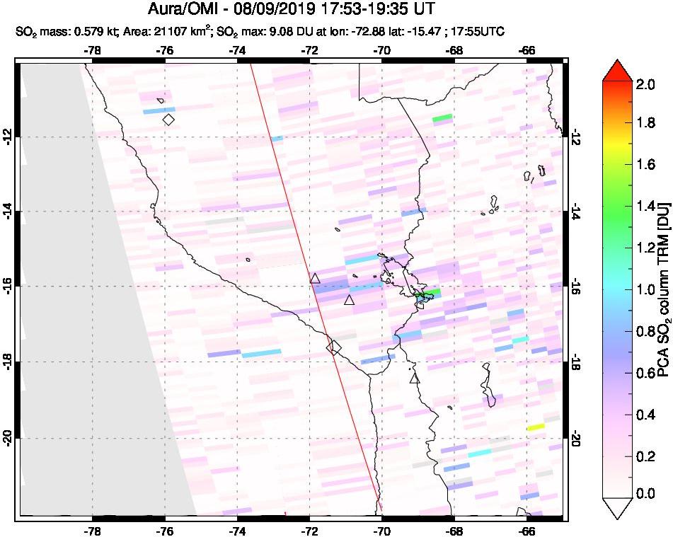 A sulfur dioxide image over Peru on Aug 09, 2019.