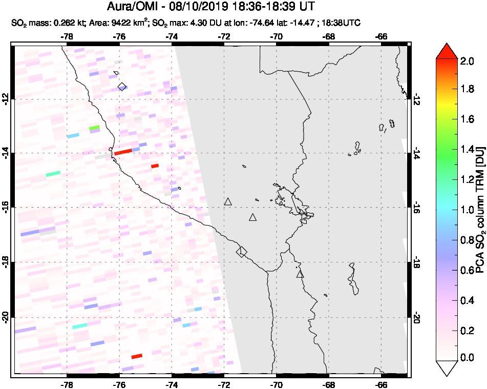 A sulfur dioxide image over Peru on Aug 10, 2019.