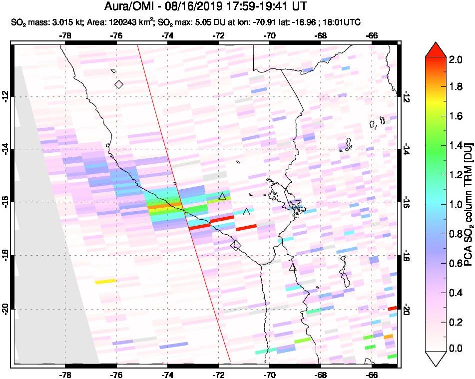 A sulfur dioxide image over Peru on Aug 16, 2019.