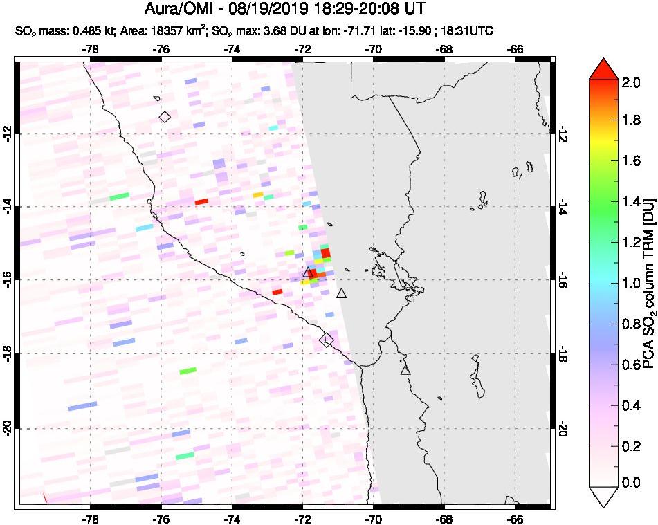 A sulfur dioxide image over Peru on Aug 19, 2019.
