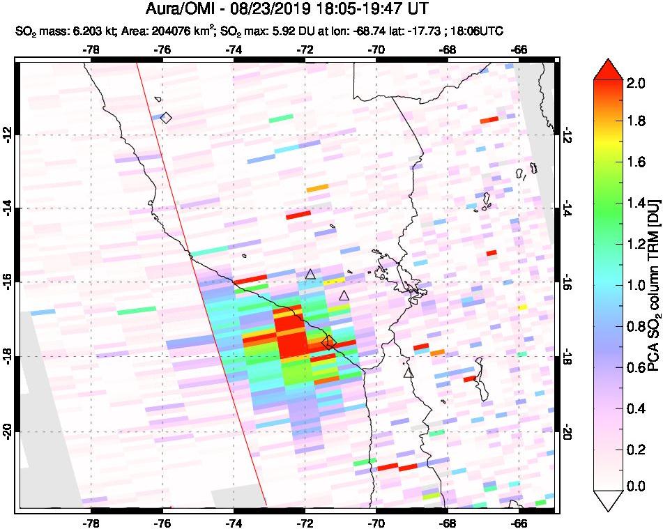 A sulfur dioxide image over Peru on Aug 23, 2019.