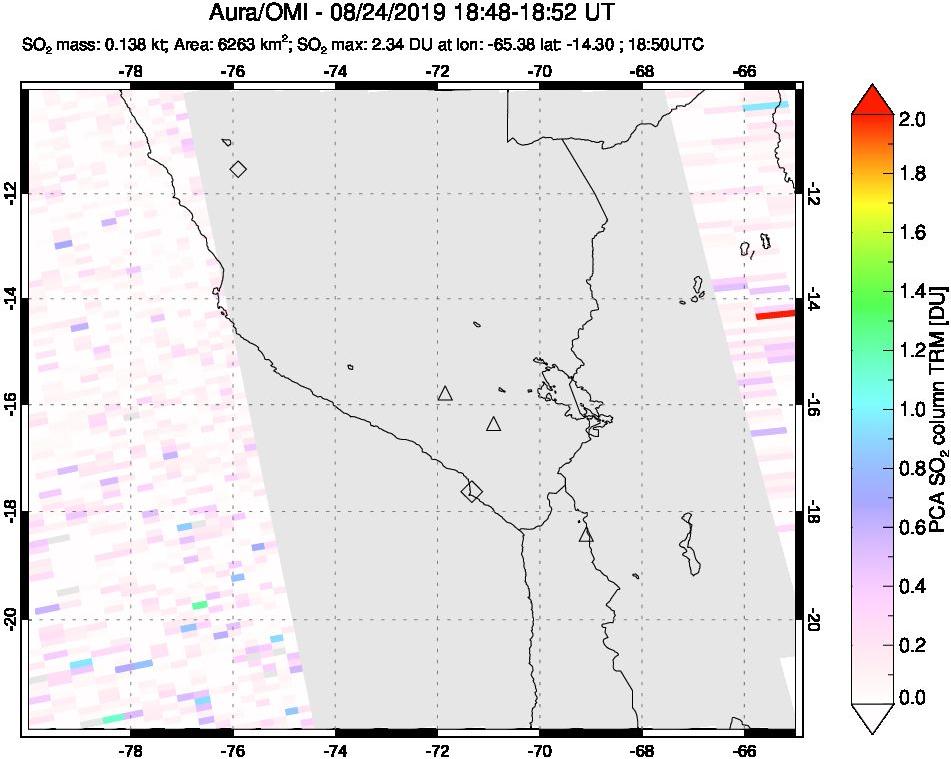 A sulfur dioxide image over Peru on Aug 24, 2019.