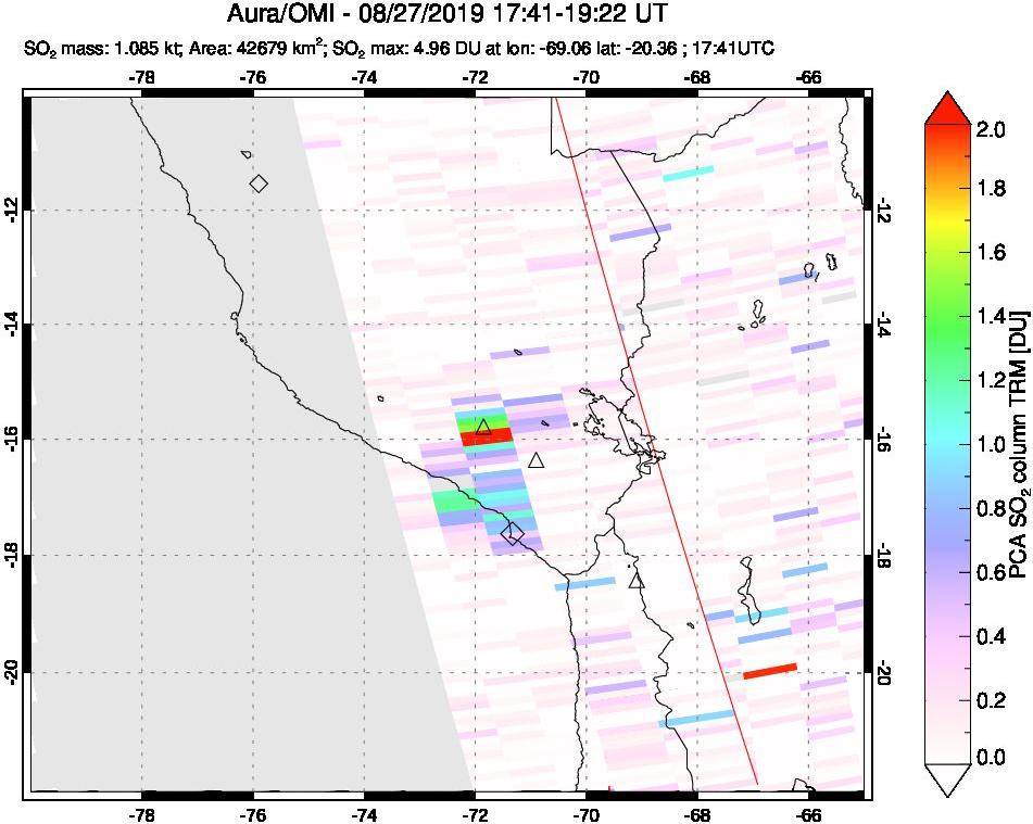 A sulfur dioxide image over Peru on Aug 27, 2019.
