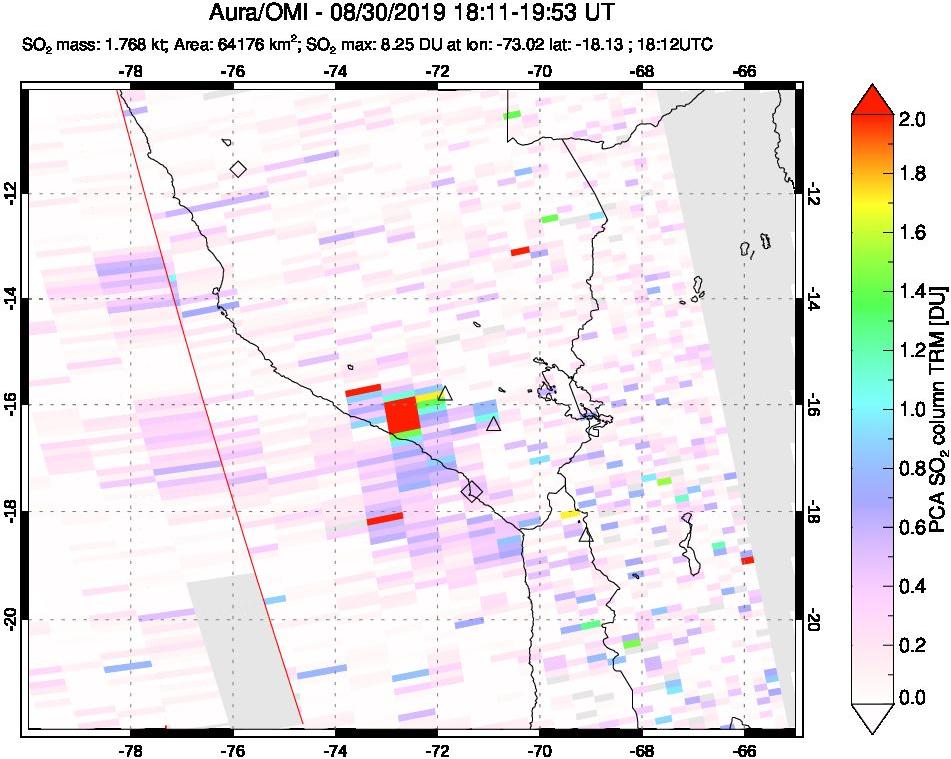 A sulfur dioxide image over Peru on Aug 30, 2019.