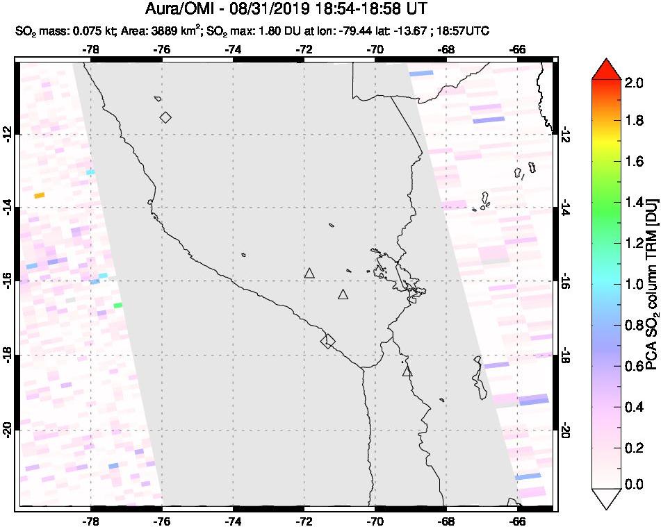 A sulfur dioxide image over Peru on Aug 31, 2019.