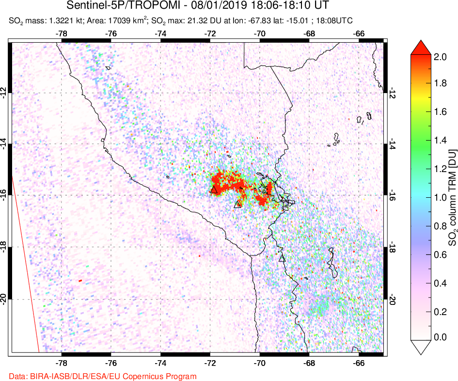 A sulfur dioxide image over Peru on Aug 01, 2019.