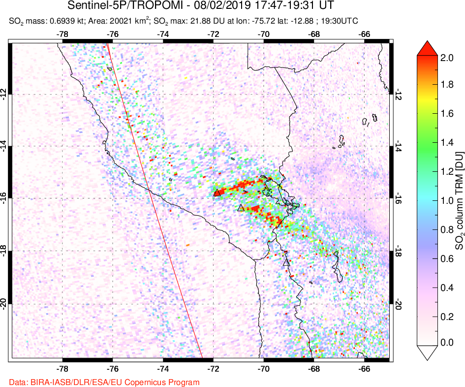 A sulfur dioxide image over Peru on Aug 02, 2019.