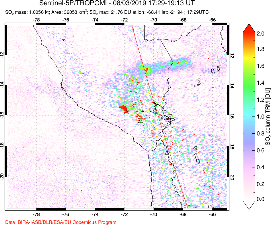 A sulfur dioxide image over Peru on Aug 03, 2019.