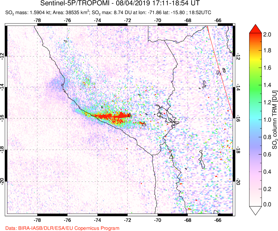 A sulfur dioxide image over Peru on Aug 04, 2019.