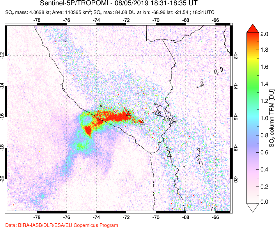 A sulfur dioxide image over Peru on Aug 05, 2019.