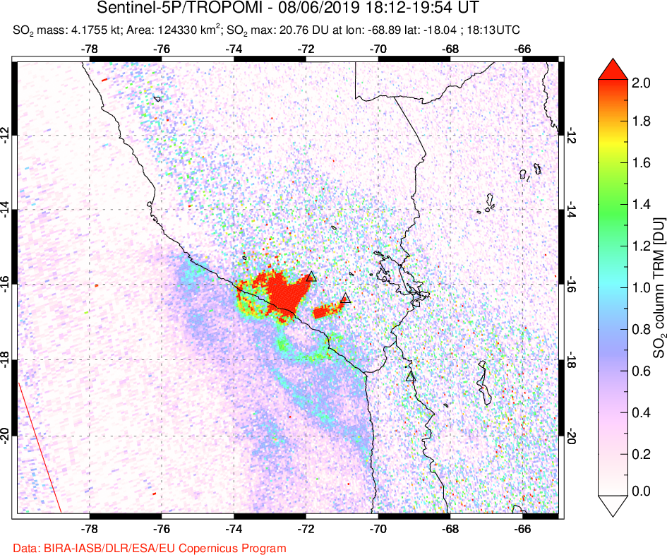 A sulfur dioxide image over Peru on Aug 06, 2019.