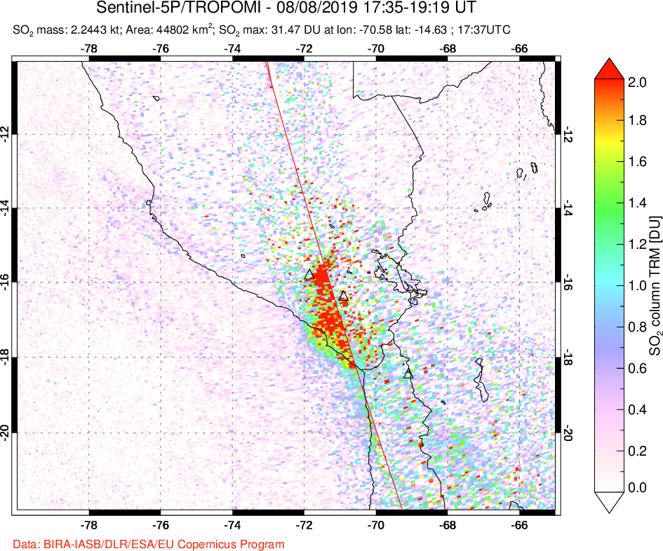 A sulfur dioxide image over Peru on Aug 08, 2019.