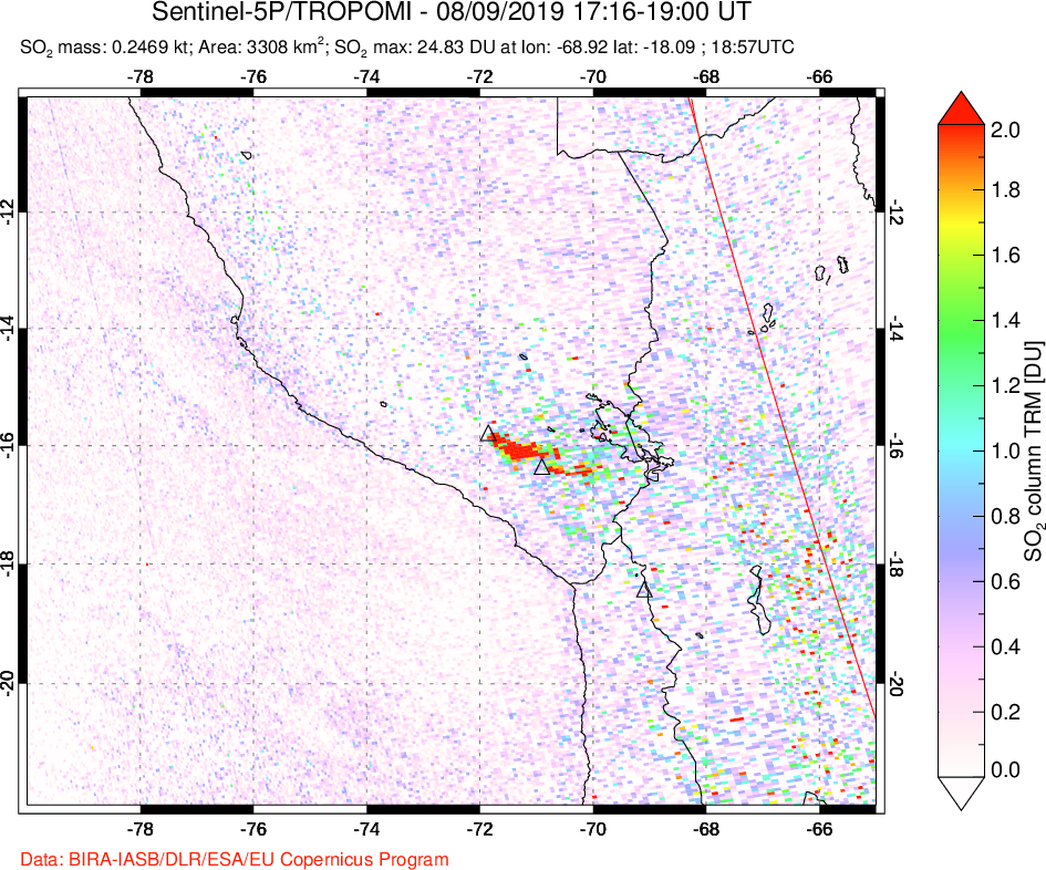 A sulfur dioxide image over Peru on Aug 09, 2019.
