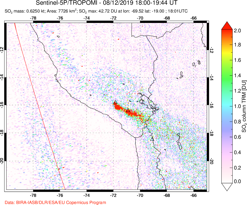 A sulfur dioxide image over Peru on Aug 12, 2019.
