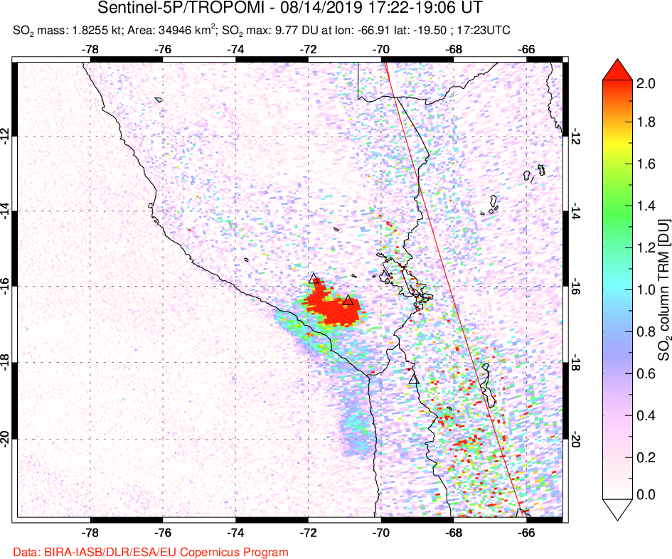 A sulfur dioxide image over Peru on Aug 14, 2019.