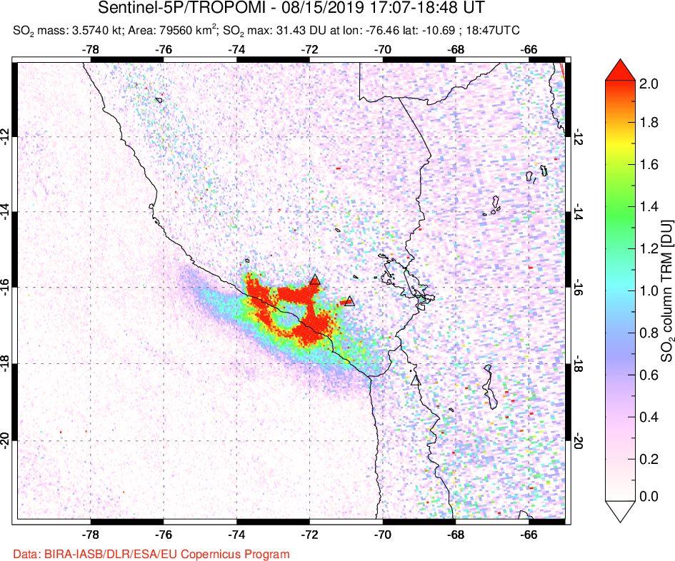 A sulfur dioxide image over Peru on Aug 15, 2019.