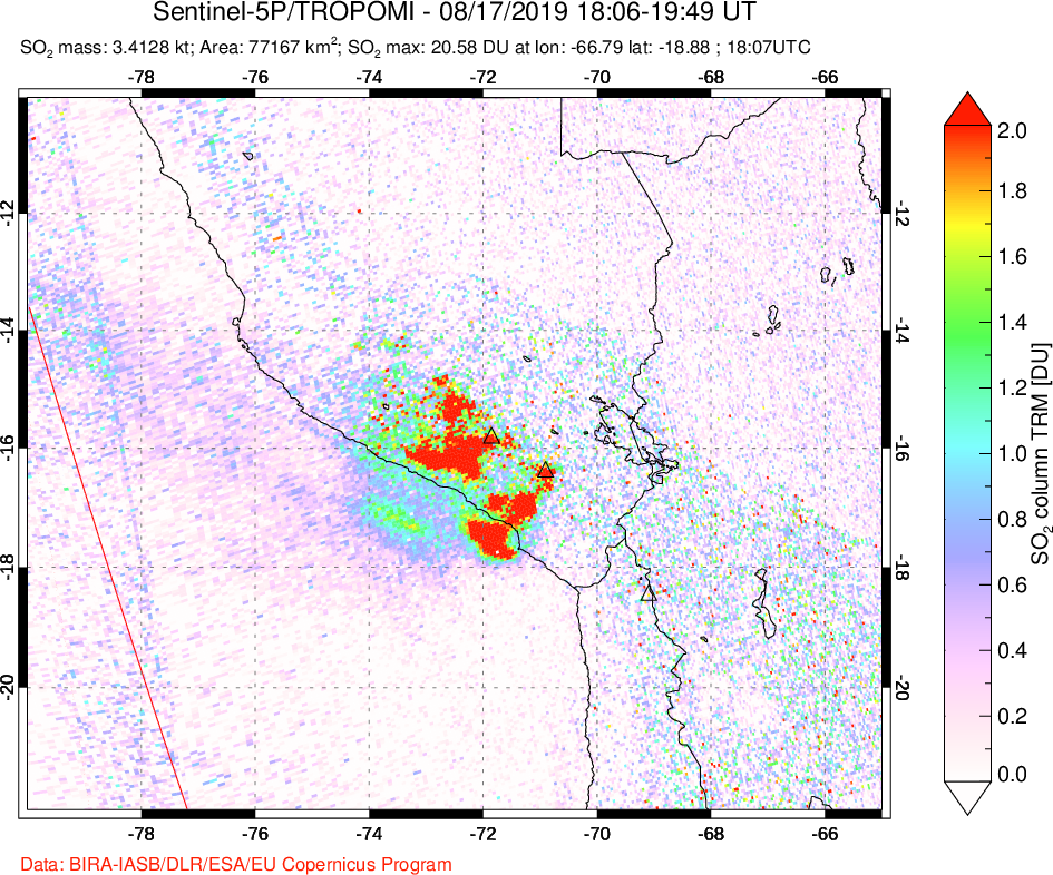 A sulfur dioxide image over Peru on Aug 17, 2019.