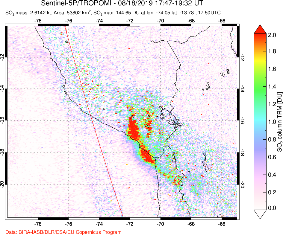 A sulfur dioxide image over Peru on Aug 18, 2019.