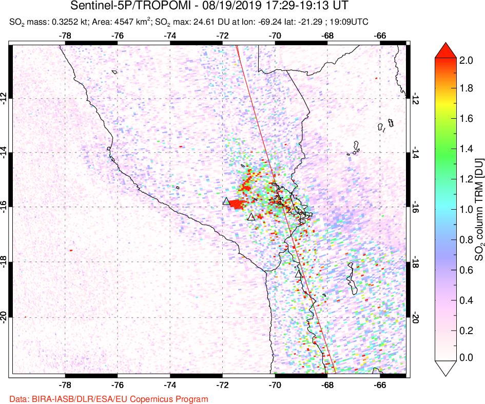 A sulfur dioxide image over Peru on Aug 19, 2019.