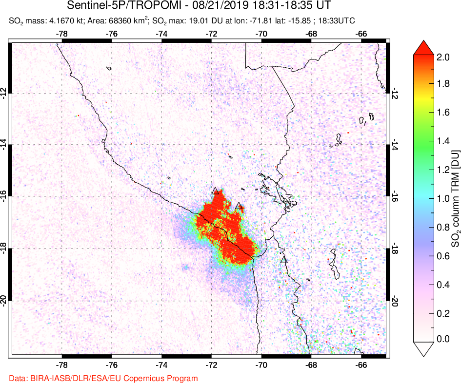 A sulfur dioxide image over Peru on Aug 21, 2019.