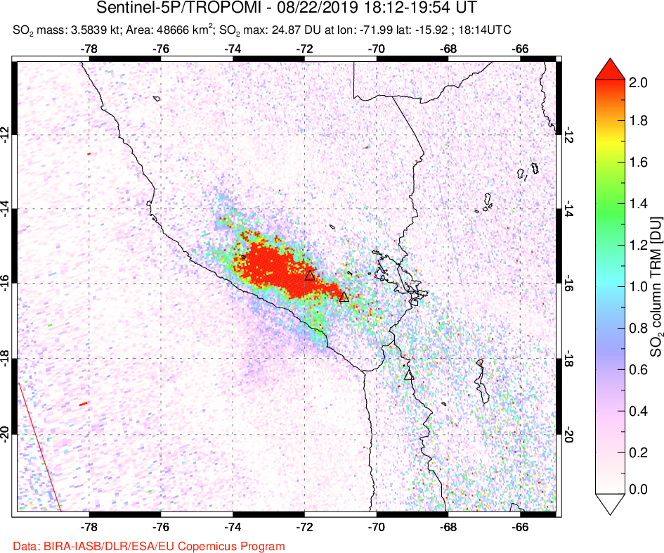 A sulfur dioxide image over Peru on Aug 22, 2019.