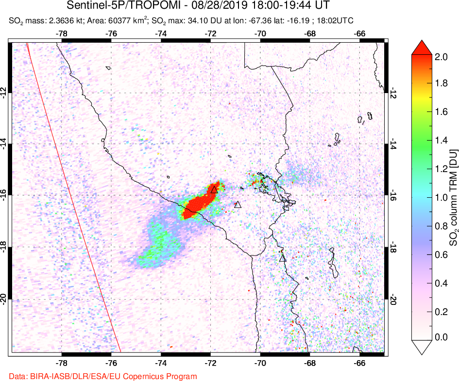 A sulfur dioxide image over Peru on Aug 28, 2019.